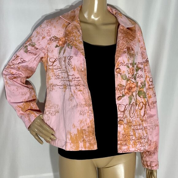 Pink Printed Sz S Button Up Jean Jacket Daniel Benjamin - Picture 3 of 12